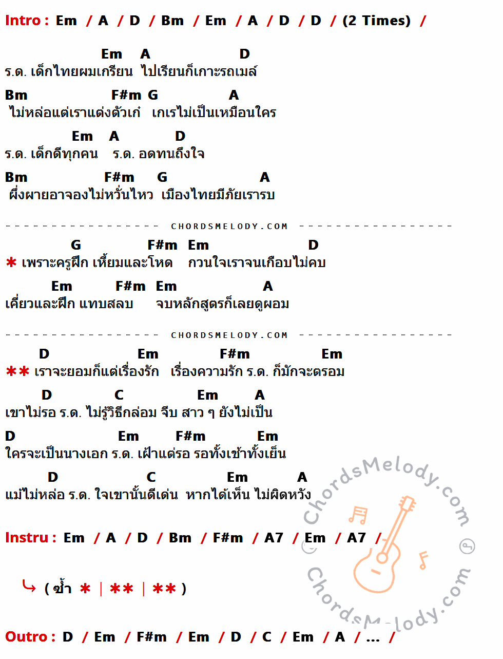 คอร์ดเพลง จิ๊บร.ด - วง พลอย เนื้อร้อง มีคอร์ดกีต้าร์ ในกลุ่มคีย์ Em,A,D,Bm,F#m,G,C,A7 กำกับ