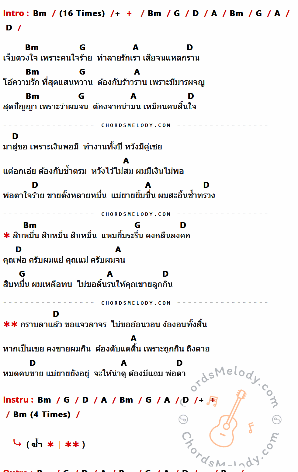 คอร์ดเพลง สิบหมื่น - สีหนุ่ม The Voice เนื้อร้อง มีคอร์ดกีต้าร์ ในกลุ่มคีย์ Bm,G,D,A กำกับ