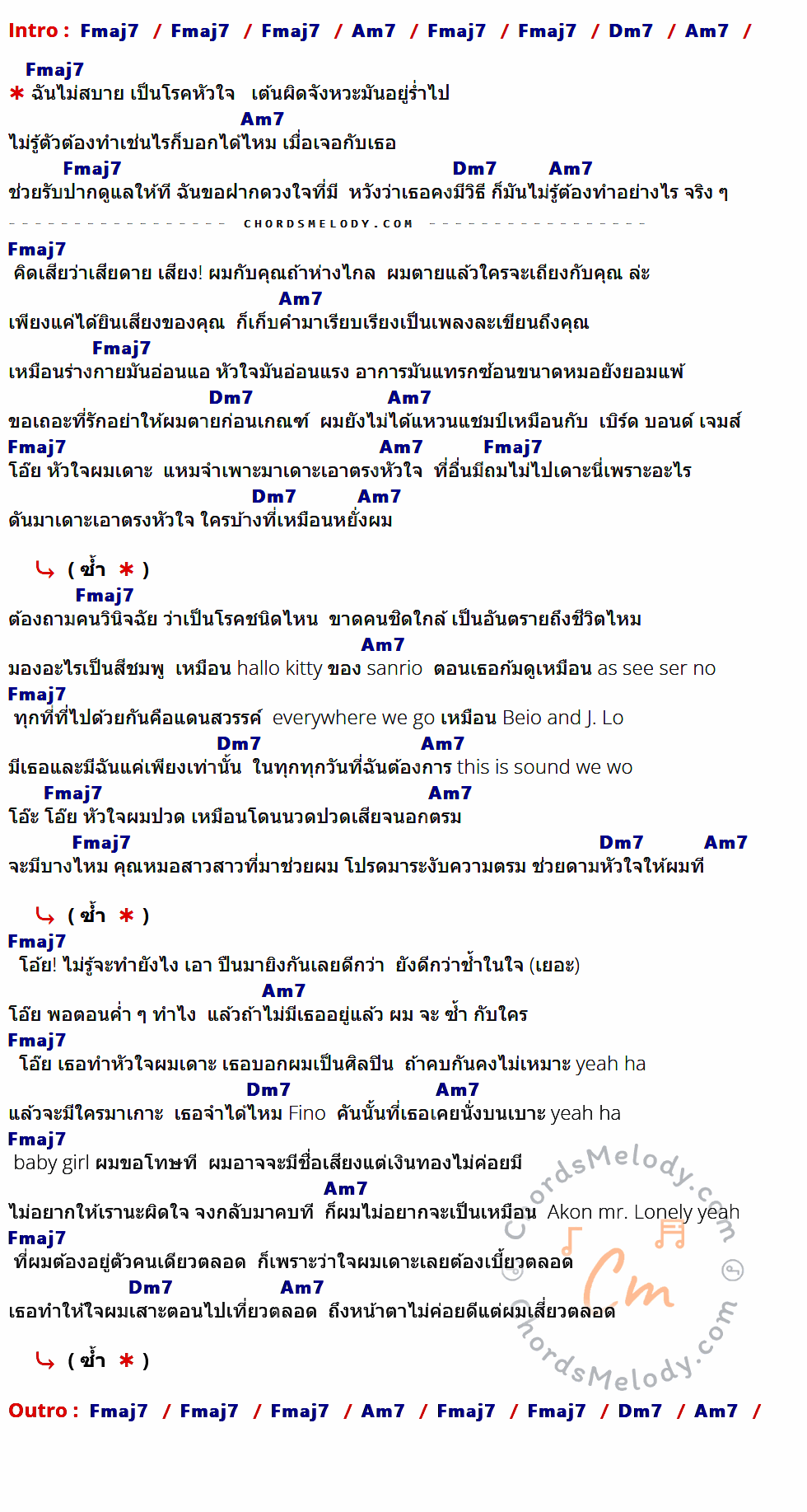 คอร์ดเพลง หัวใจผมเดาะ - ILLSLICK เนื้อร้อง มีคอร์ดกีต้าร์ ในกลุ่มคีย์ Fmaj7,Am7,Dm7 กำกับ