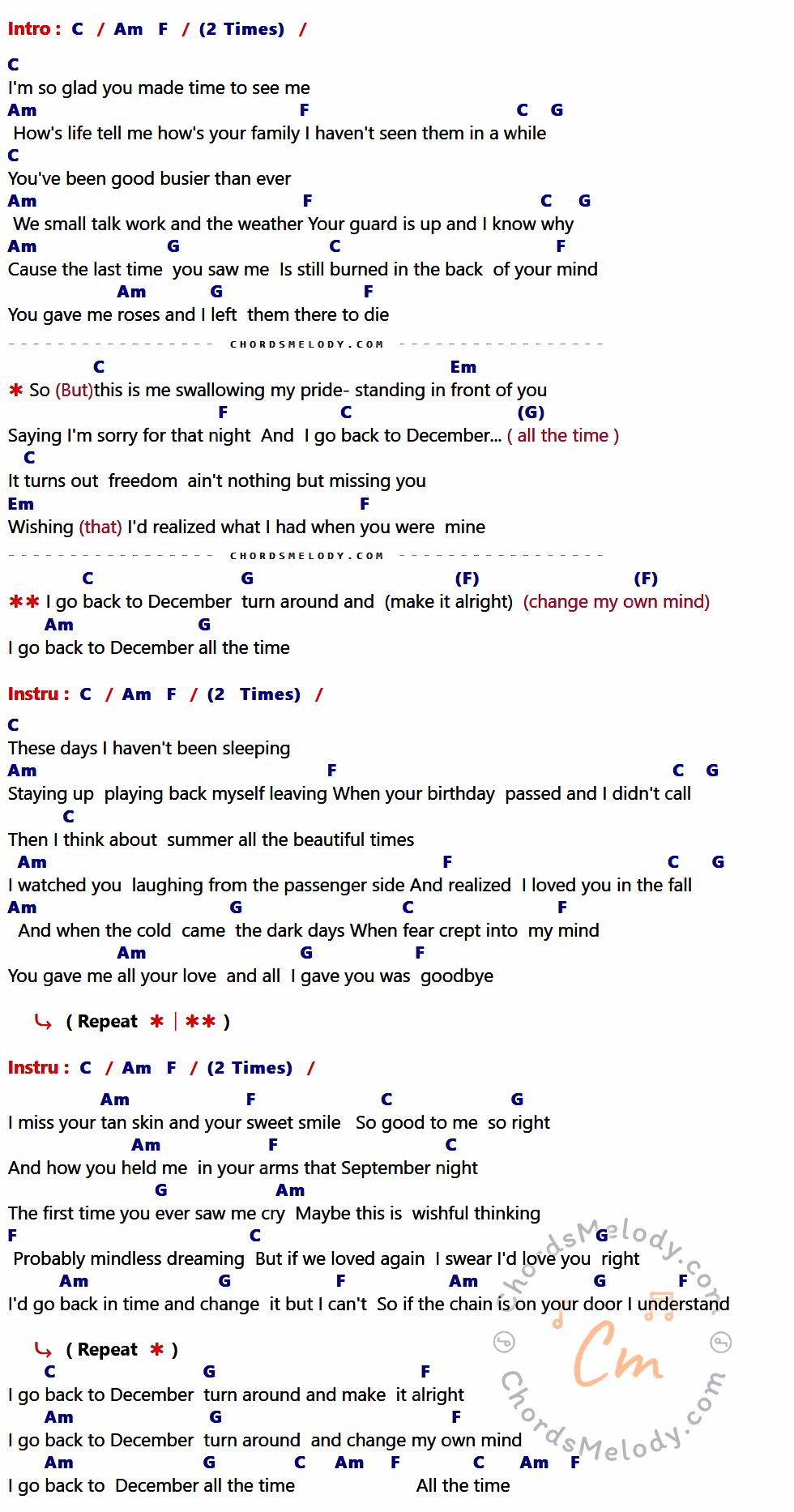 เนื้อเพลง Back To December ของ Taylor Swift มีคอร์ดกีต้าร์ ในคีย์ที่ต่างกัน G,Em,C,D,Bm