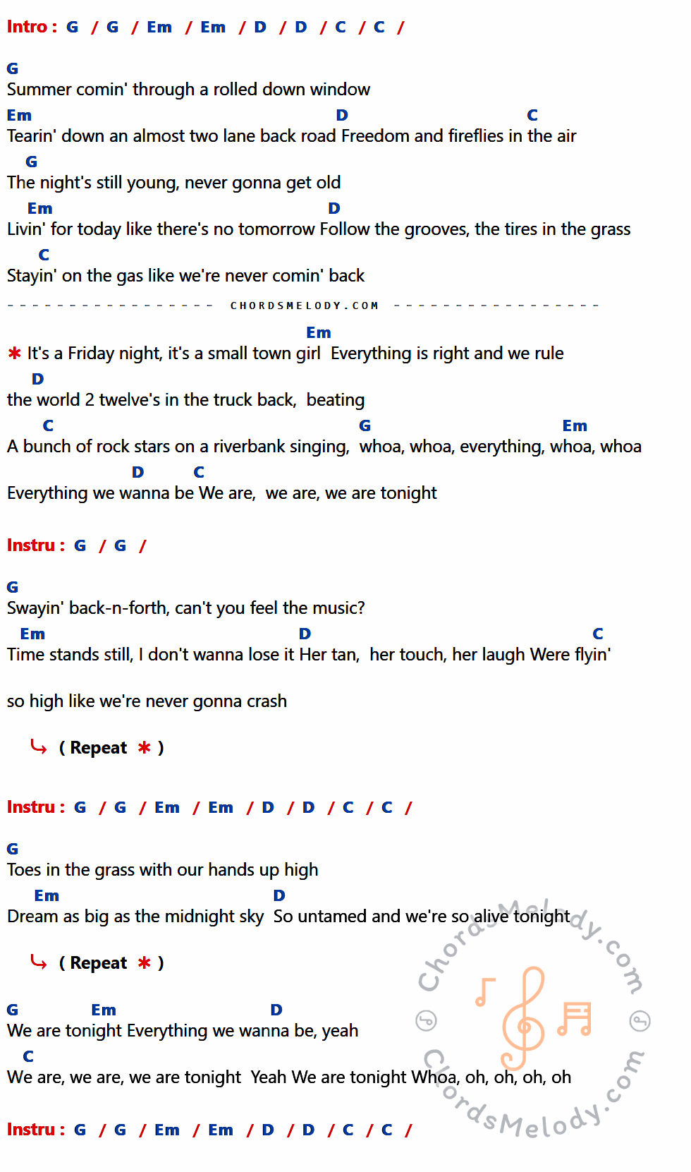 เนื้อเพลง We Are Tonight ของ Billy Currington มีคอร์ดกีต้าร์ ในคีย์ที่ต่างกัน G,Em,D,C