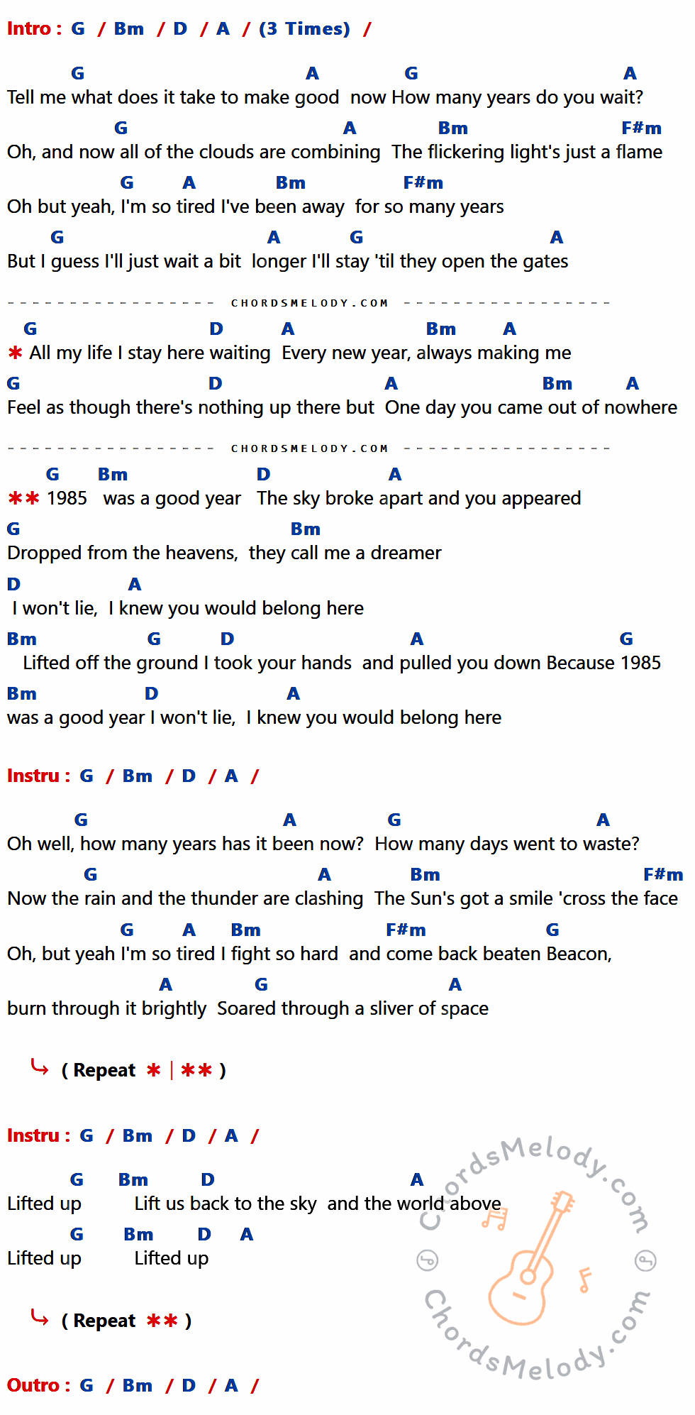 เนื้อเพลง Lift Up (1985) ของ Passion Pit มีคอร์ดกีต้าร์ ในคีย์ที่ต่างกัน C,Em,G,D,Bm