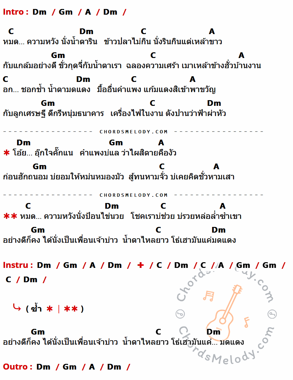 คอร์ดเพลง น้ำตามดแดง - จ่าหลอย เฮนรี เนื้อร้อง มีคอร์ดกีต้าร์ ในกลุ่มคีย์ Dm,Gm,A,C กำกับ