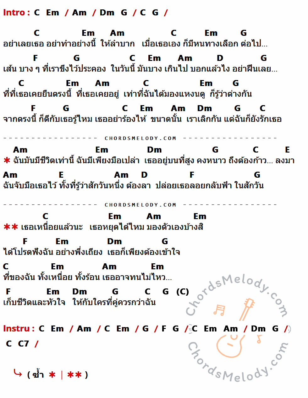 เนื้อเพลง ปล่อยเธอคืนฟ้า ของ อบเชย มีคอร์ดกีต้าร์ ในคีย์ที่ต่างกัน Am,C,Em,G,F,D,Dm,E