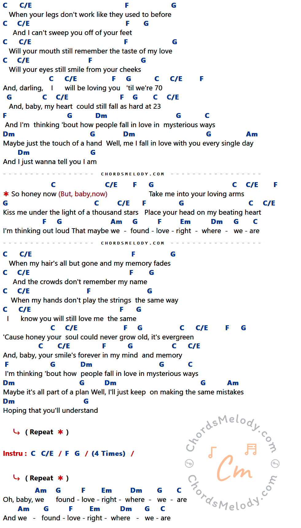 เนื้อเพลง Thinking Out Loud ของ Ed Sheeran มีคอร์ดกีต้าร์ ในคีย์ที่ต่างกัน G,G/B,C,D,Am,Em,Bm