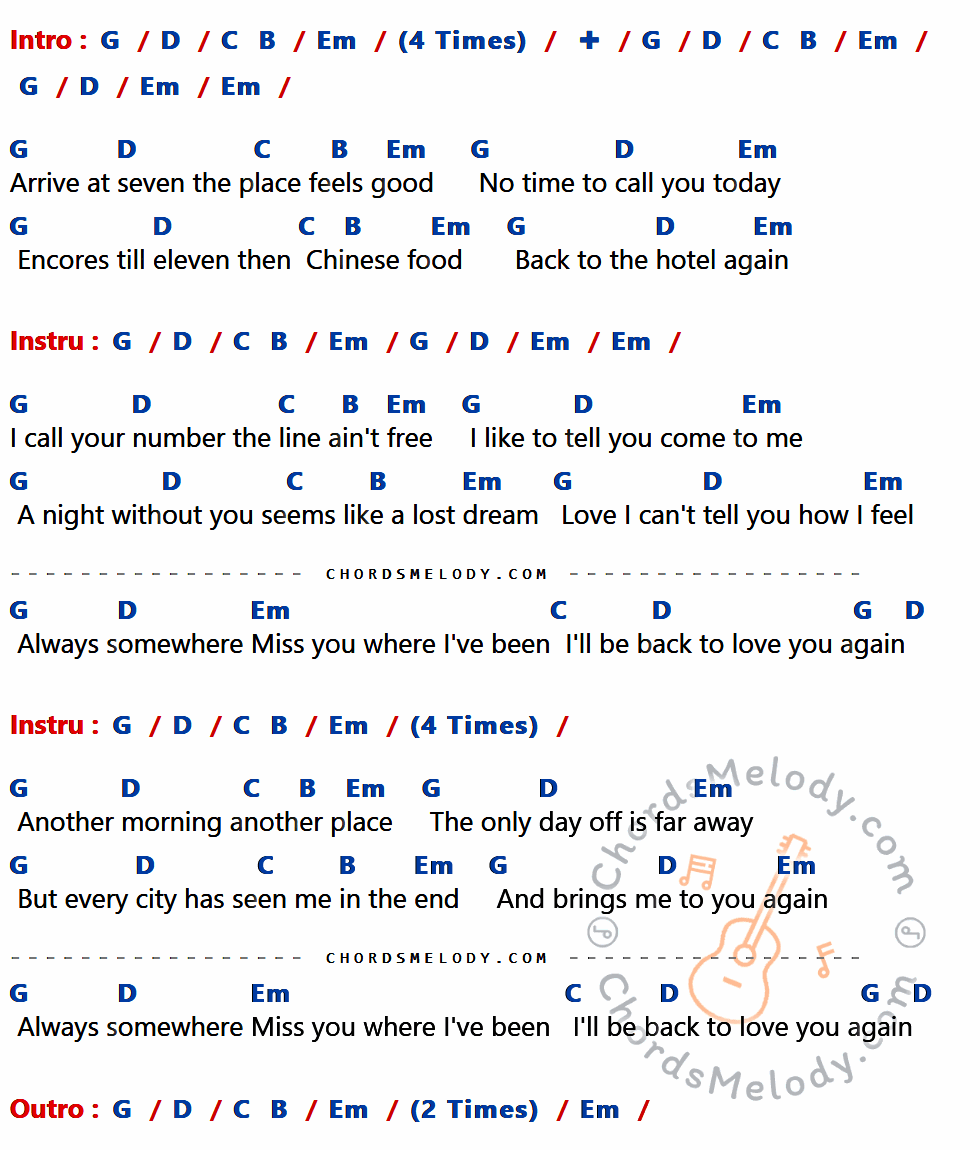 คอร์ดเพลง Always Somewhere - SCORPIONS เนื้อร้อง มีคอร์ดกีต้าร์ ในกลุ่มคีย์ G,D,C,B,Em กำกับ
