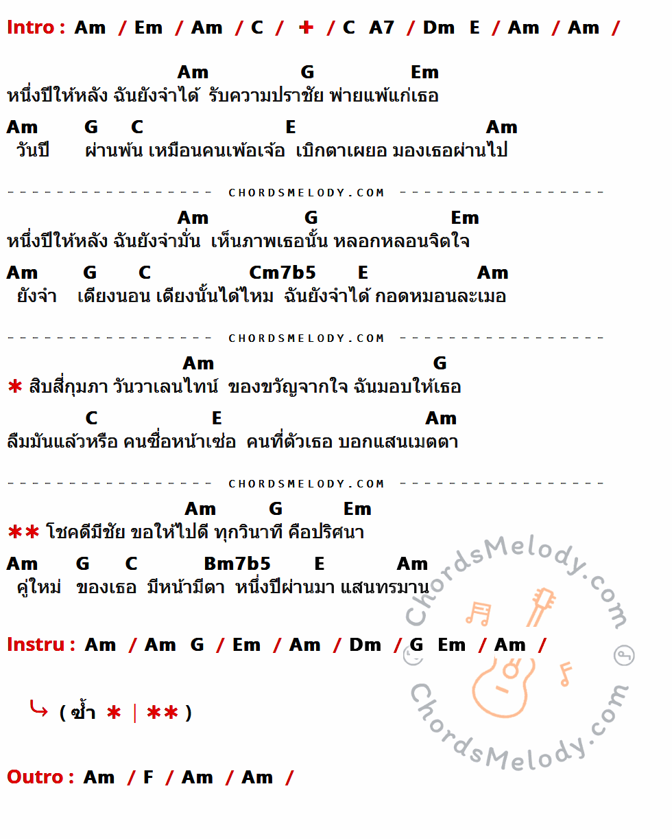 เนื้อเพลง หนึ่งปีที่ทรมาน ของ สายัณห์ สัญญา มีคอร์ดกีต้าร์ ในคีย์ที่ต่างกัน Am,Em,C,A7,Dm,E,G,Cm7b5,Bm7b5,F