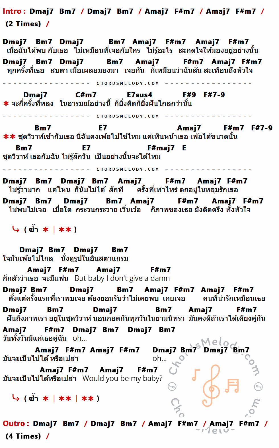 เนื้อเพลง ชุดวิวาห์ ของ หนึ่ง ETC Feat.ILLSLICK ที่มีคอร์ด ในกลุ่มคีย์ Dmaj7,Bm7,Amaj7,F#m7,C#m7,E7sus4,F#9,F#7-9,E7,F#maj7,E ประกอบ