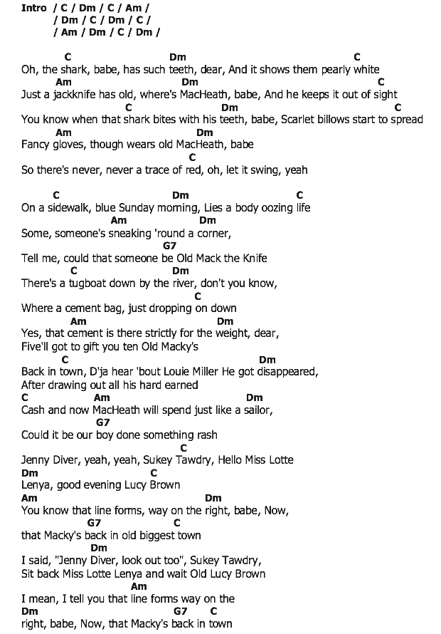 คอร์ดเพลง เนื้อเพลง Mack The Knife, คอร์ดเพลง Mack The Knife ของ Bobby Darin, คอร์ดเพลงของ Bobby Darin, เนื้อร้อง Mack The Knife Bobby Darin, Mack The Knife คอร์ดง่าย ๆ, คอร์ด Mack The Knife ต้นฉบับ