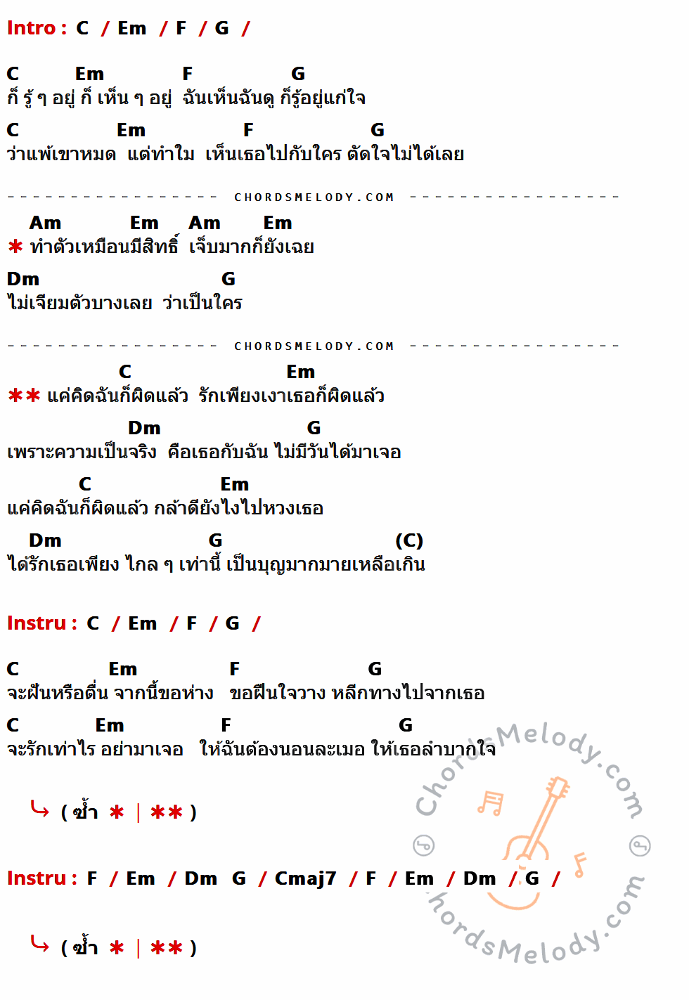 เนื้อเพลง แค่คิดก็ผิดแล้ว ของ นิก The Star ที่มีคอร์ดกีต้าร์ C,Em,F,G,Am,Dm,Cmaj7