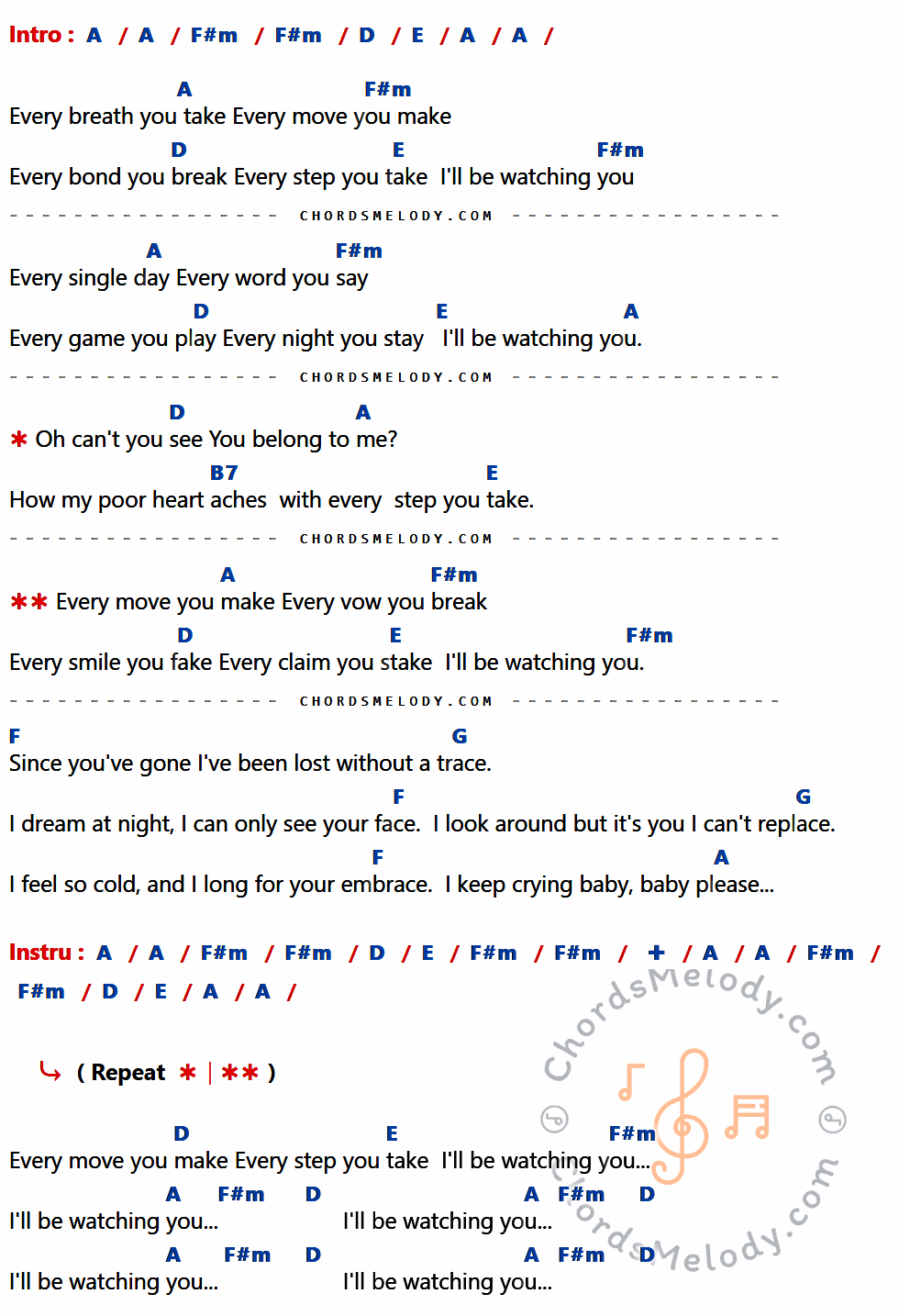 เนื้อเพลง Every Breath You Take ของ The Police ที่มีคอร์ด ในกลุ่มคีย์ A,F#m,D,E,B7,F,G ประกอบ
