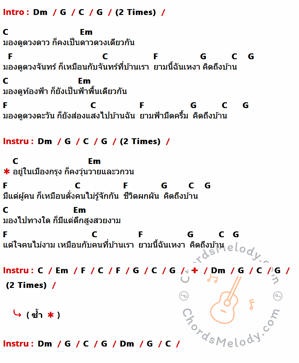 เนื้อเพลง คิดถึงบ้าน ของ จรัล มโนเพชร ที่มีคอร์ดกีต้าร์ Dm,G,C,Em,F