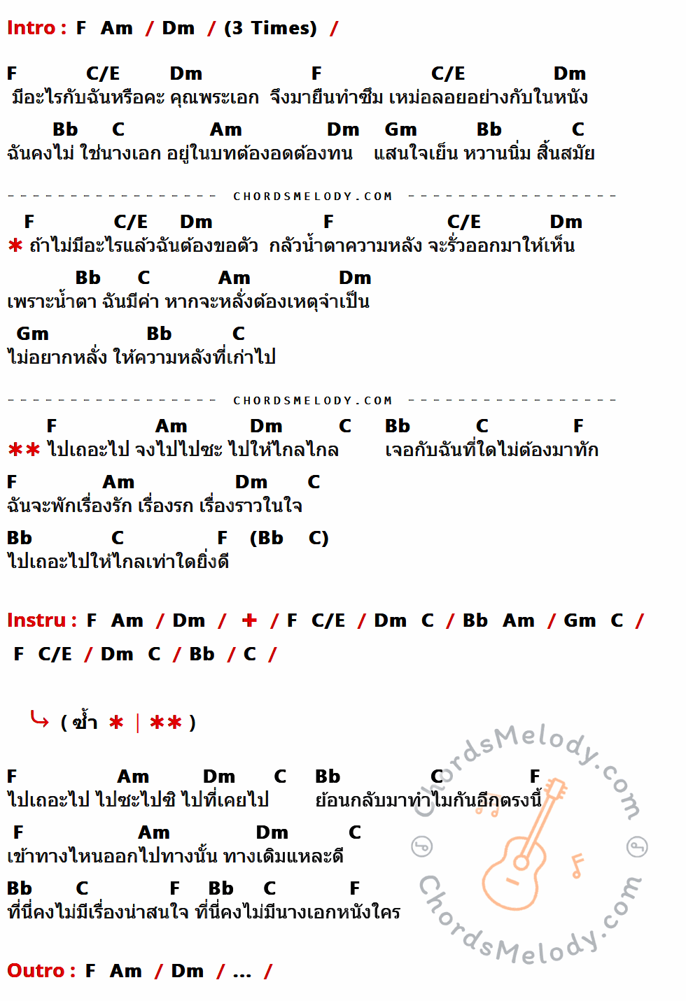 เนื้อเพลง ฉันไม่ใช่นางเอก ของ ตั๊ก ศิริพร ที่มีคอร์ดกีต้าร์ F,Am,Dm,C/E,Bb,C,Gm