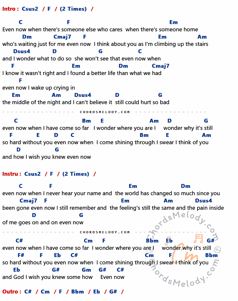 เนื้อเพลง Even Now ของ Barry Manilow ที่มีคอร์ดกีต้าร์ Csus2,F,C,Em,Dm,Cmaj7,Am,Dsus4,D,G,Bm,E,C#,Cm,Bbm,Eb,G#,F#,Gm