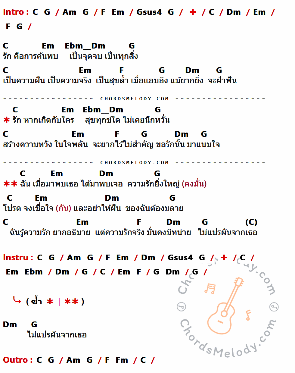 เนื้อเพลง พบรัก ของ คีรีบูน ที่มีคอร์ด ในกลุ่มคีย์ C,G,Am,F,Em,Gsus4,Dm,Ebm,Fm ประกอบ