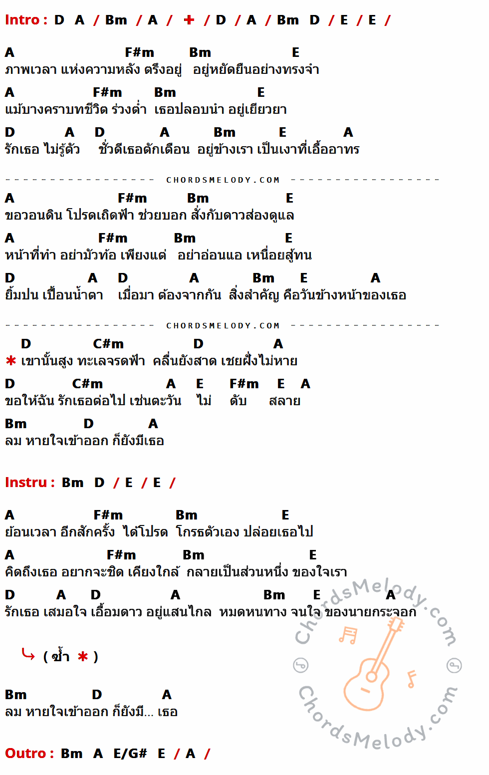 เนื้อเพลง รักเธอเสมอใจ ของ อริสมันต์ พงษ์เรืองรอง ที่มีคอร์ดกีต้าร์ D,A,Bm,E,F#m,C#m,E/G#