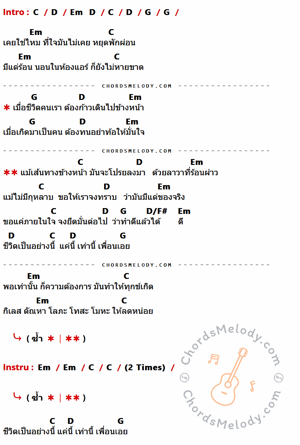 เนื้อเพลง โลภะ โทสะ โมหะ ของ เสก Loso ที่มีคอร์ด ในกลุ่มคีย์ C,D,Em,G,D/F# ประกอบ