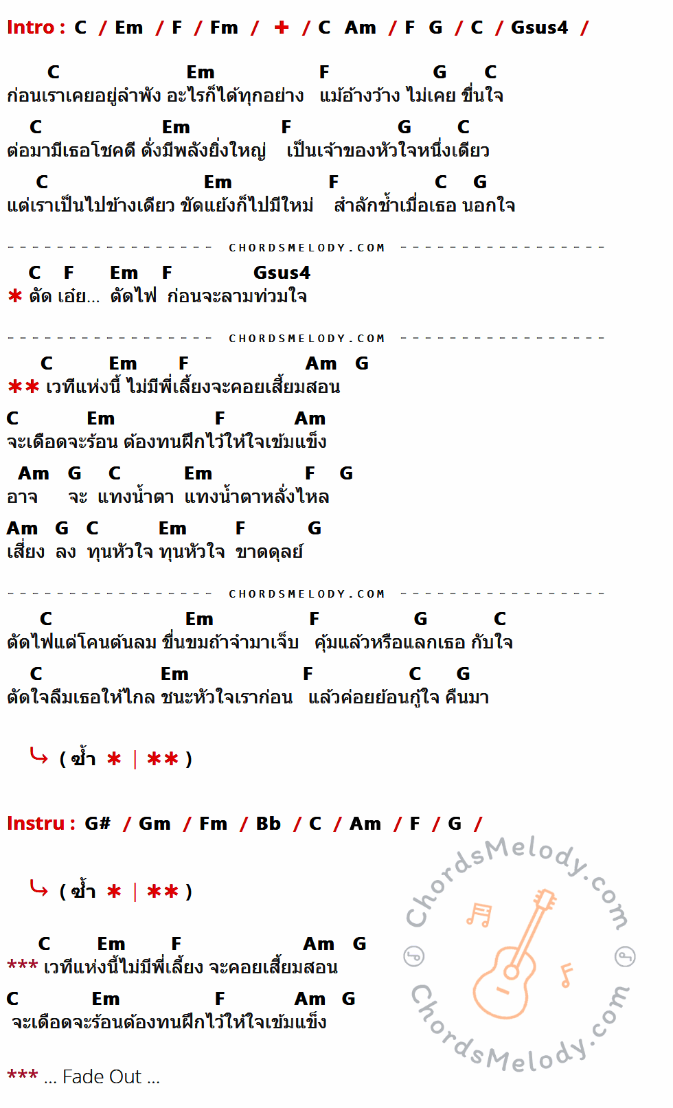 เนื้อเพลง เวทีนี้ไม่มีพี่เลี้ยง ของ อริสมันต์ พงษ์เรืองรอง ที่มีคอร์ดกีต้าร์ C,Em,F,Fm,Am,G,Gsus4,G#,Gm,Bb