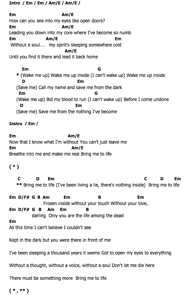 คอร์ดเพลง เนื้อเพลง Bring Me To Life, คอร์ดเพลง Bring Me To Life ของ Evanescence, คอร์ดเพลงของ Evanescence, เนื้อร้อง Bring Me To Life Evanescence, Bring Me To Life คอร์ดง่าย ๆ, คอร์ด Bring Me To Life ต้นฉบับ