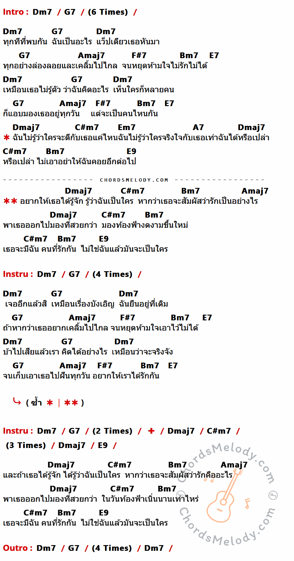 เนื้อเพลง เธอต้องมีฉัน ของ Tattoo Colour ที่มีคอร์ด ในกลุ่มคีย์ Dm7,G7,Amaj7,F#7,Bm7,E7,Dmaj7,C#m7,Em7,A7,E9 ประกอบ