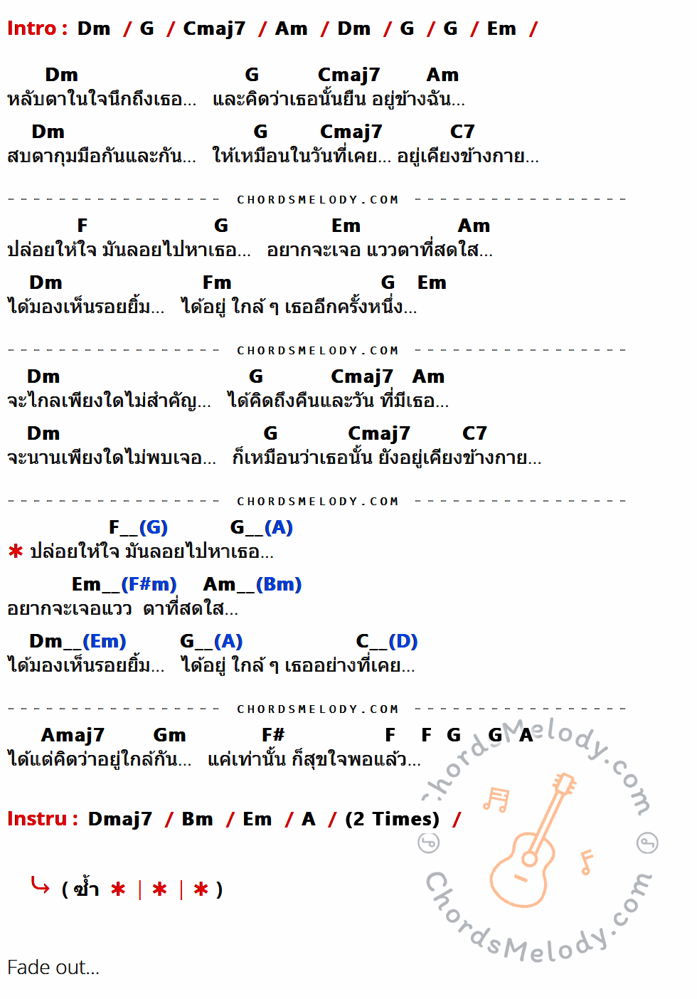 เนื้อเพลง ขอแค่คิดถึง ของ เฉลียง ที่มีคอร์ดกีต้าร์ Dm,G,Cmaj7,Am,Em,C7,F,Fm,Amaj7,Gm,F#,A,Dmaj7,Bm