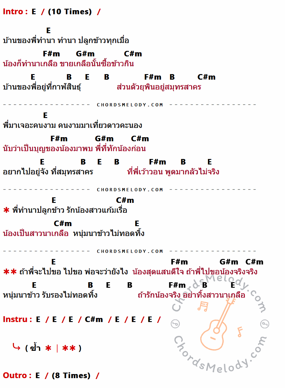 เนื้อเพลง หนุ่มนาข้าว สาวนาเกลือ ของ สรเพรช พินโญ x น้องนุช ดวงชีวัน ที่มีคอร์ด ในกลุ่มคีย์ E,F#m,G#m,C#m,B ประกอบ