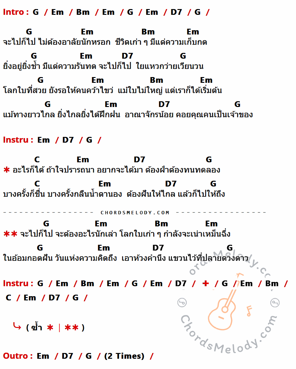 เนื้อเพลง คิดถึง ของ พงษ์เทพ กระโดนชำนาญ ที่มีคอร์ดกีต้าร์ G,Em,Bm,D7,C