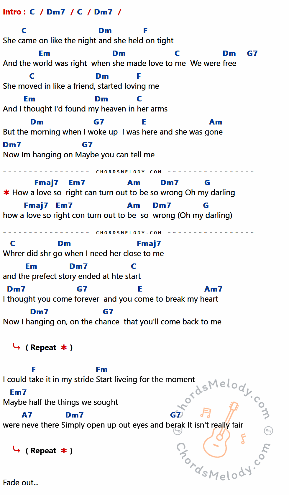 คอร์ดเพลง Love So Right - Bee Gees เนื้อร้อง มีคอร์ดกีต้าร์ ในกลุ่มคีย์ C,Dm7,Dm,F,Em,G7,E,Am,Fmaj7,Em7,G,Am7,Fm,A7 กำกับ