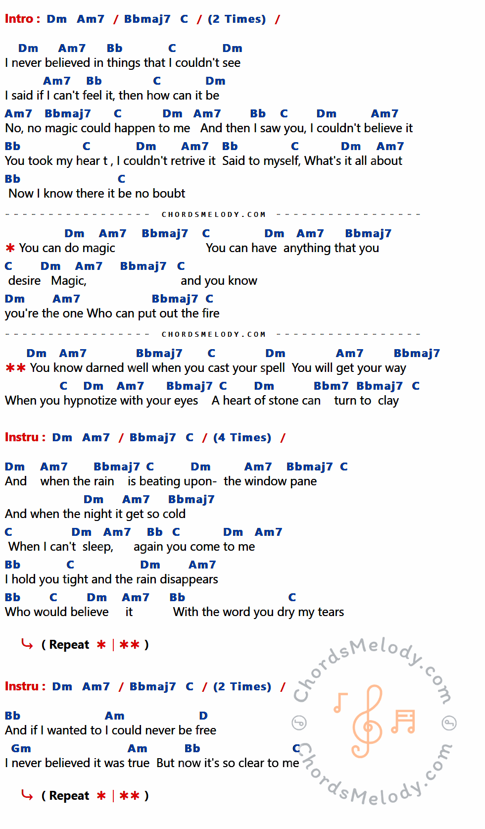 คอร์ดเพลง You can Do Magic - America เนื้อร้อง มีคอร์ดกีต้าร์ ในกลุ่มคีย์ Dm,Am7,Bb,C,Bbmaj7,Bbm7,Am,D,Gm กำกับ
