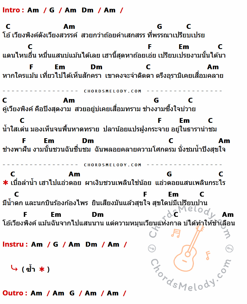 คอร์ดเพลง นิราศเวียงพิงค์ - ทูล ทองใจ เนื้อร้อง มีคอร์ดกีต้าร์ ในกลุ่มคีย์ Am,G,C,F,Em,Dm กำกับ