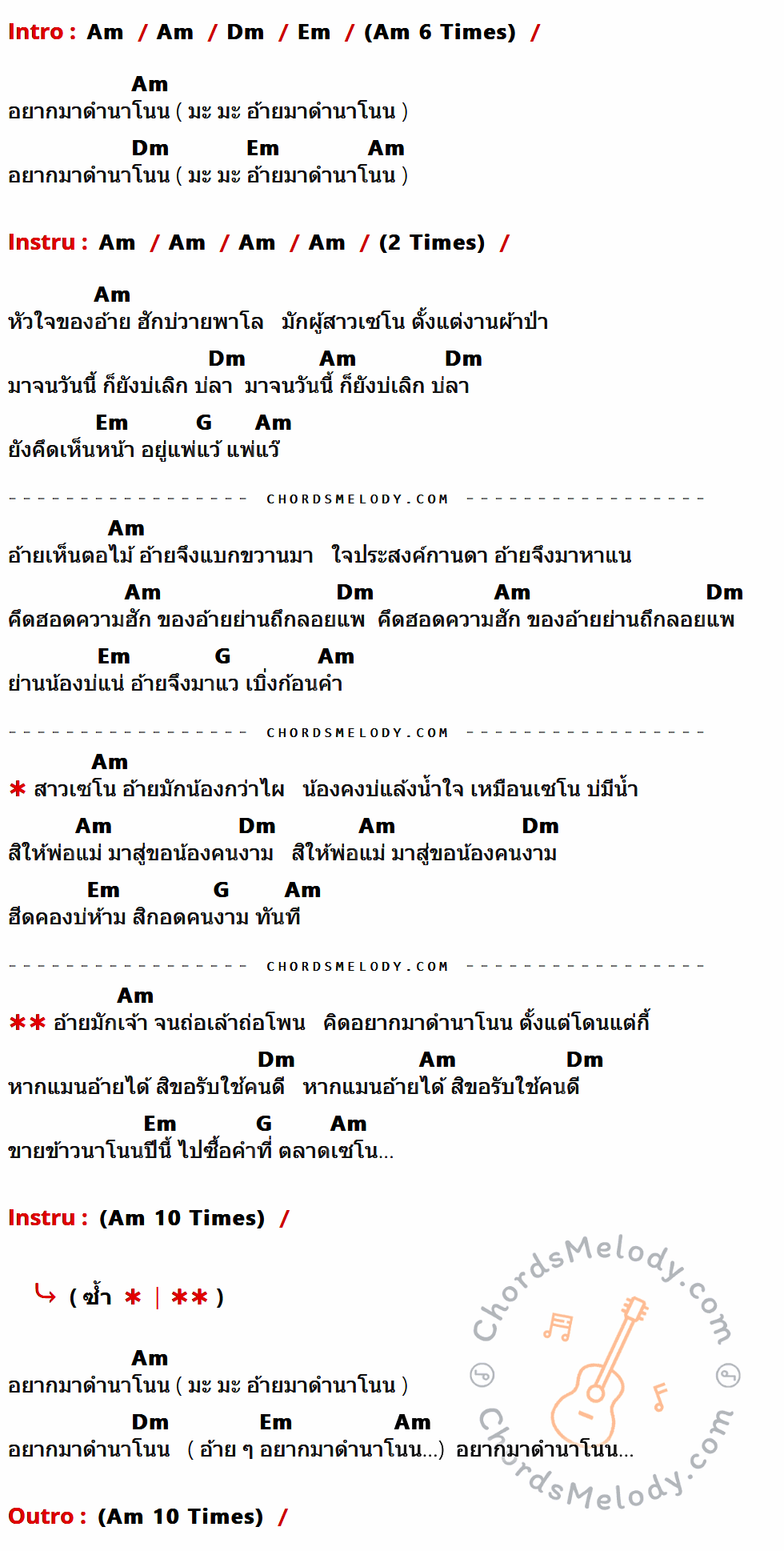 เนื้อเพลง ดำนาโนน (ฮักสาวเซโน) ของ ไมค์ ภิรมย์พร มีคอร์ดกีต้าร์ ในคีย์ที่ต่างกัน Am,Dm,Em,G