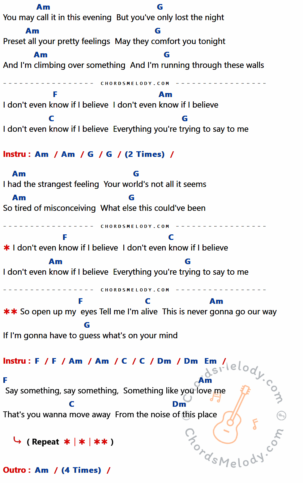 คอร์ดเพลง Believe - Mumford & Sons เนื้อร้อง มีคอร์ดกีต้าร์ ในกลุ่มคีย์ Am,G,F,C,Dm,Em กำกับ