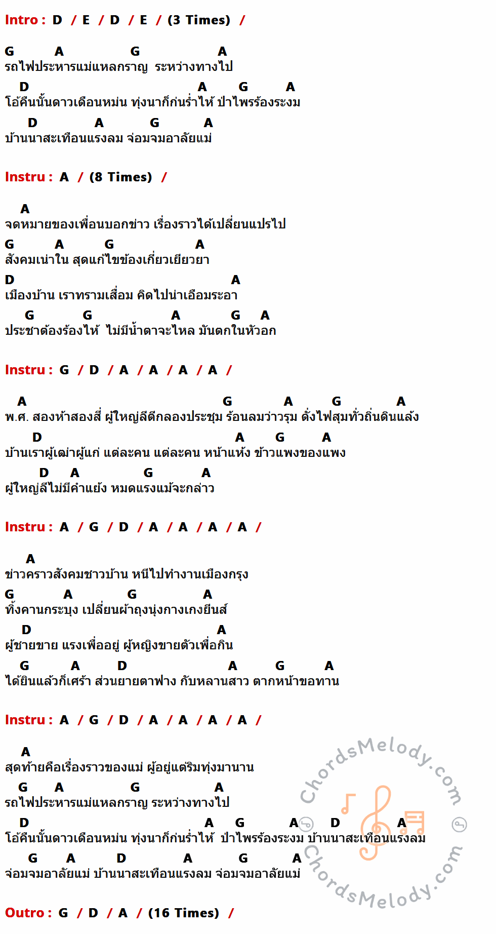 เนื้อเพลง บ้านนาสะเทือน ของ คาราวาน มีคอร์ดกีต้าร์ ในคีย์ที่ต่างกัน D,E,G,A