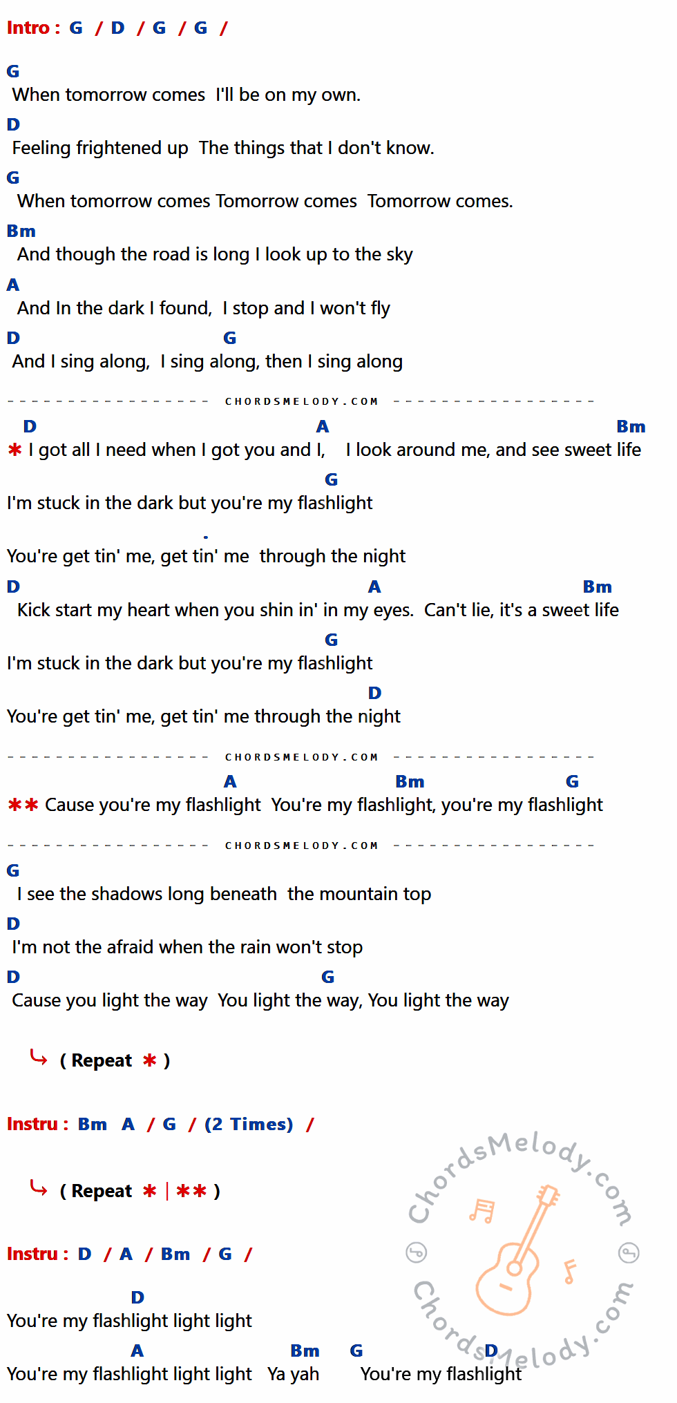 เนื้อเพลง Flashlight ของ Jessie J มีคอร์ดกีต้าร์ ในคีย์ที่ต่างกัน G,D,Bm,A