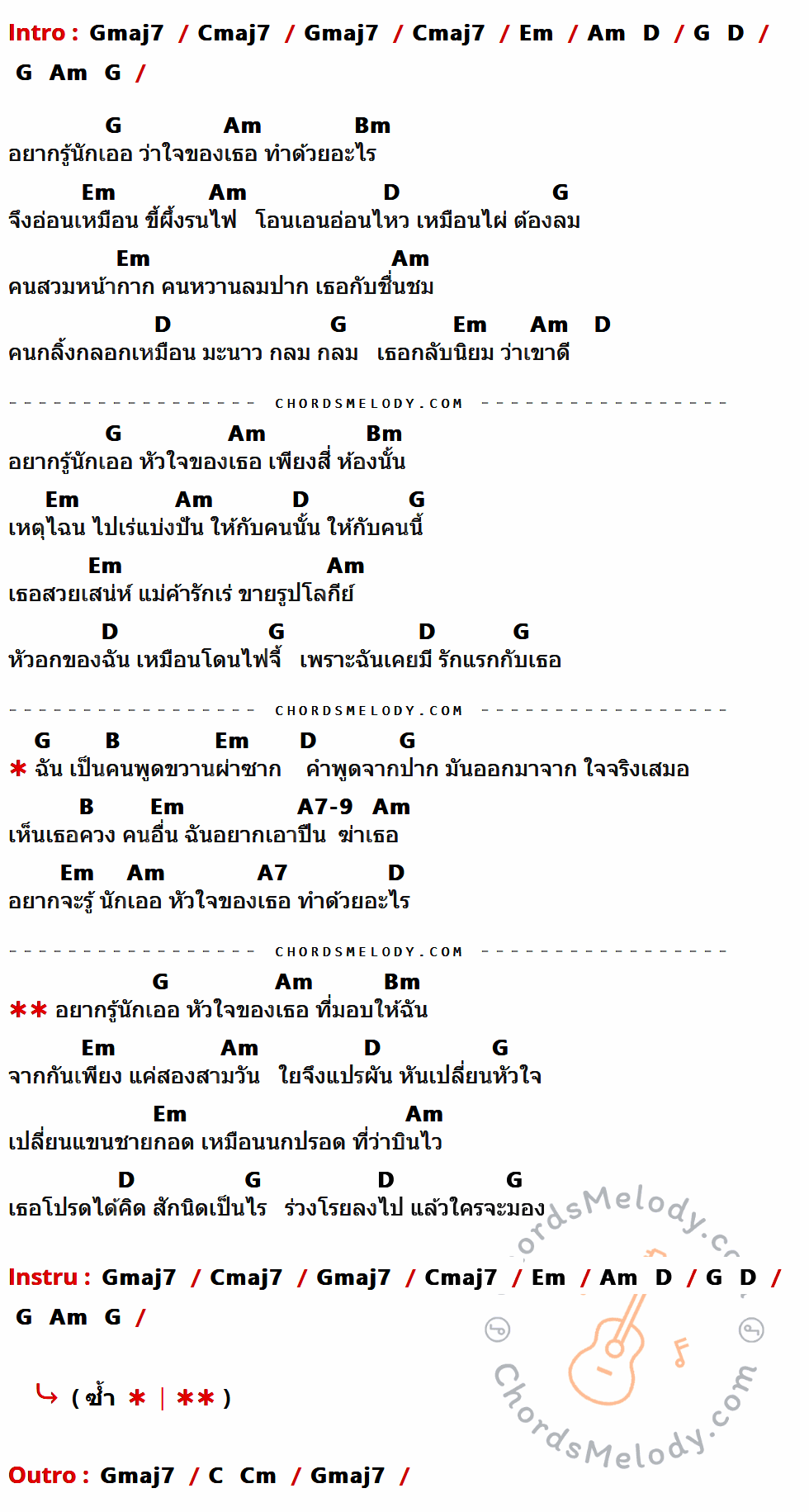 คอร์ดเพลง อยากรู้ใจเธอ - บรั่นดี เนื้อร้อง มีคอร์ดกีต้าร์ ในกลุ่มคีย์ Gmaj7,Cmaj7,Em,G,Am,Bm,D,B,A7-9,A7 กำกับ