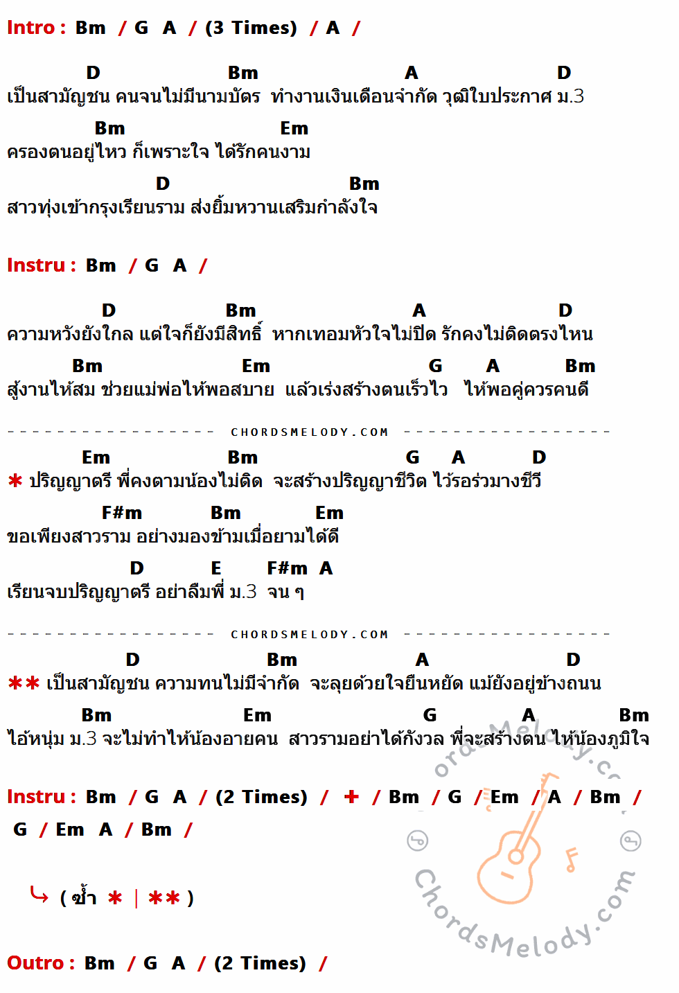 เนื้อเพลง นักสู้ ม.3 ของ บางแก้ว มีคอร์ดกีต้าร์ ในคีย์ที่ต่างกัน Am,F,G,C,Dm,Em,D