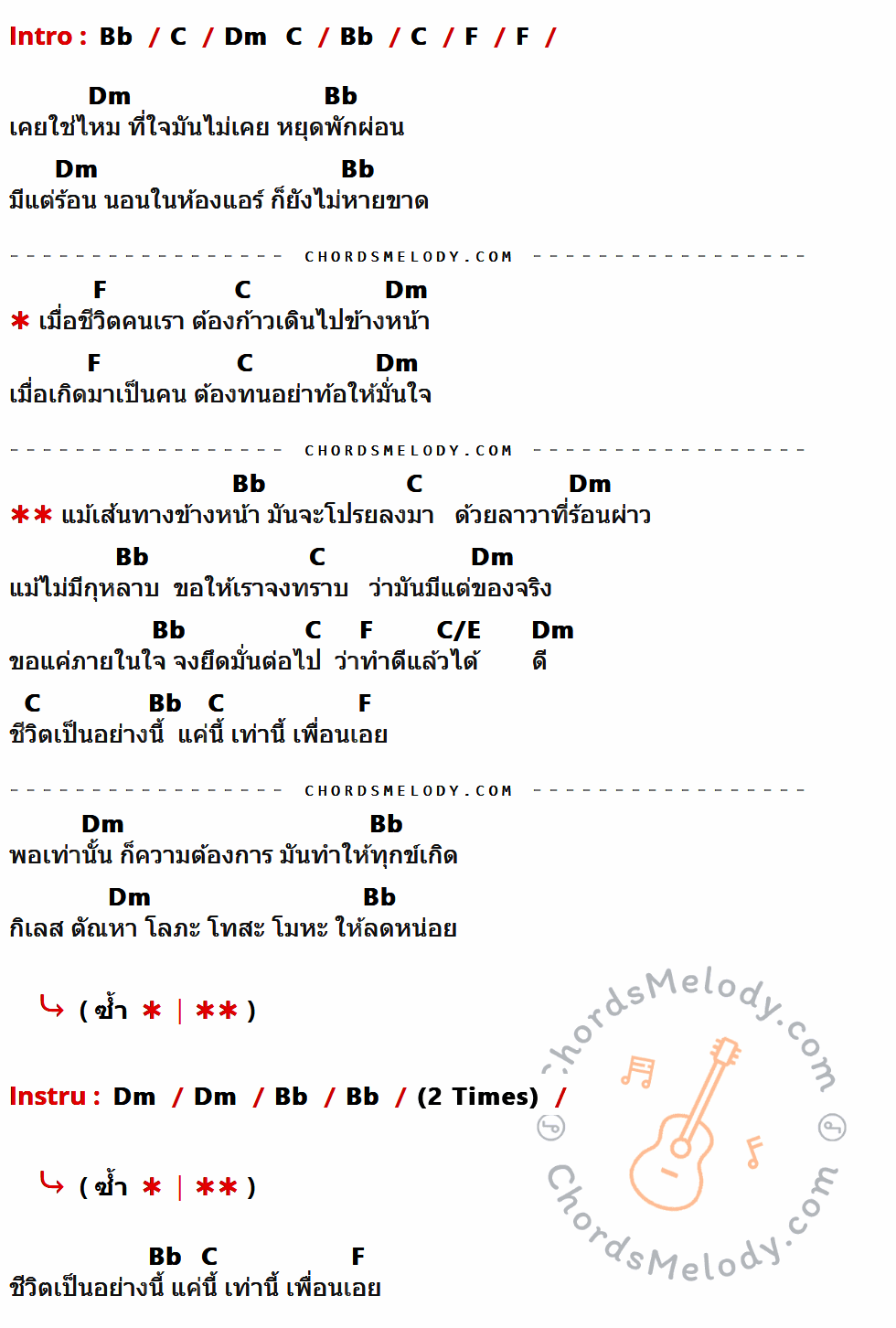 เนื้อเพลง โลภะ โทสะ โมหะ ของ เสก Loso มีคอร์ดกีต้าร์ ในคีย์ที่ต่างกัน Bb,C,F,Dm,C/E