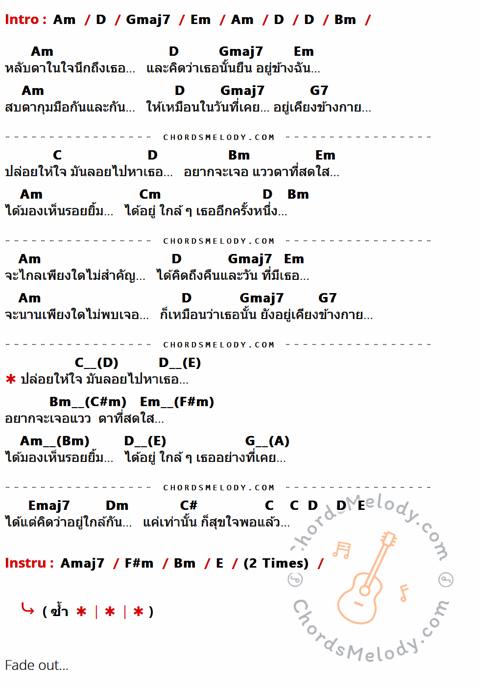 เนื้อเพลง ขอแค่คิดถึง ของ เฉลียง มีคอร์ดกีต้าร์ ในคีย์ที่ต่างกัน Am,D,Gmaj7,Em,Bm,G7,C,Cm,Emaj7,Dm,C#,E,Amaj7,F#m