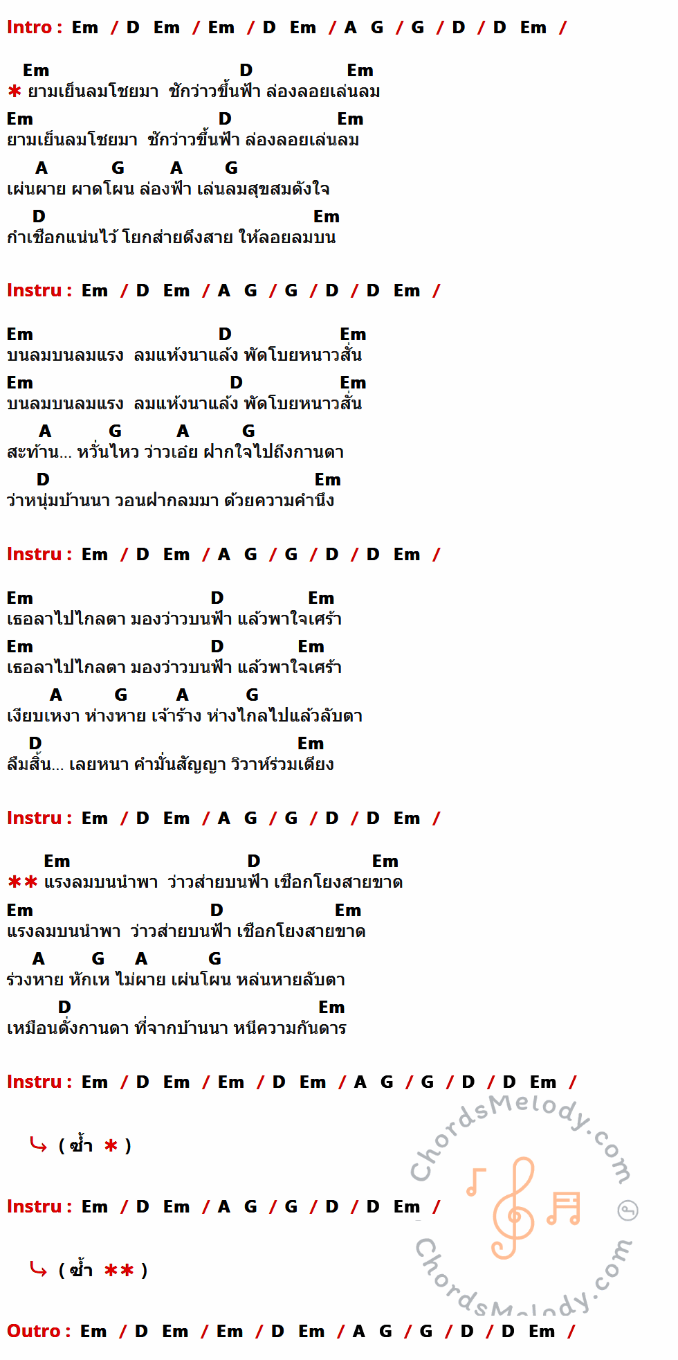 เนื้อเพลง ลอยลมบน ของ สีเผือก คนด่านเกวียน มีคอร์ดกีต้าร์ ในคีย์ที่ต่างกัน Em,G,D,A