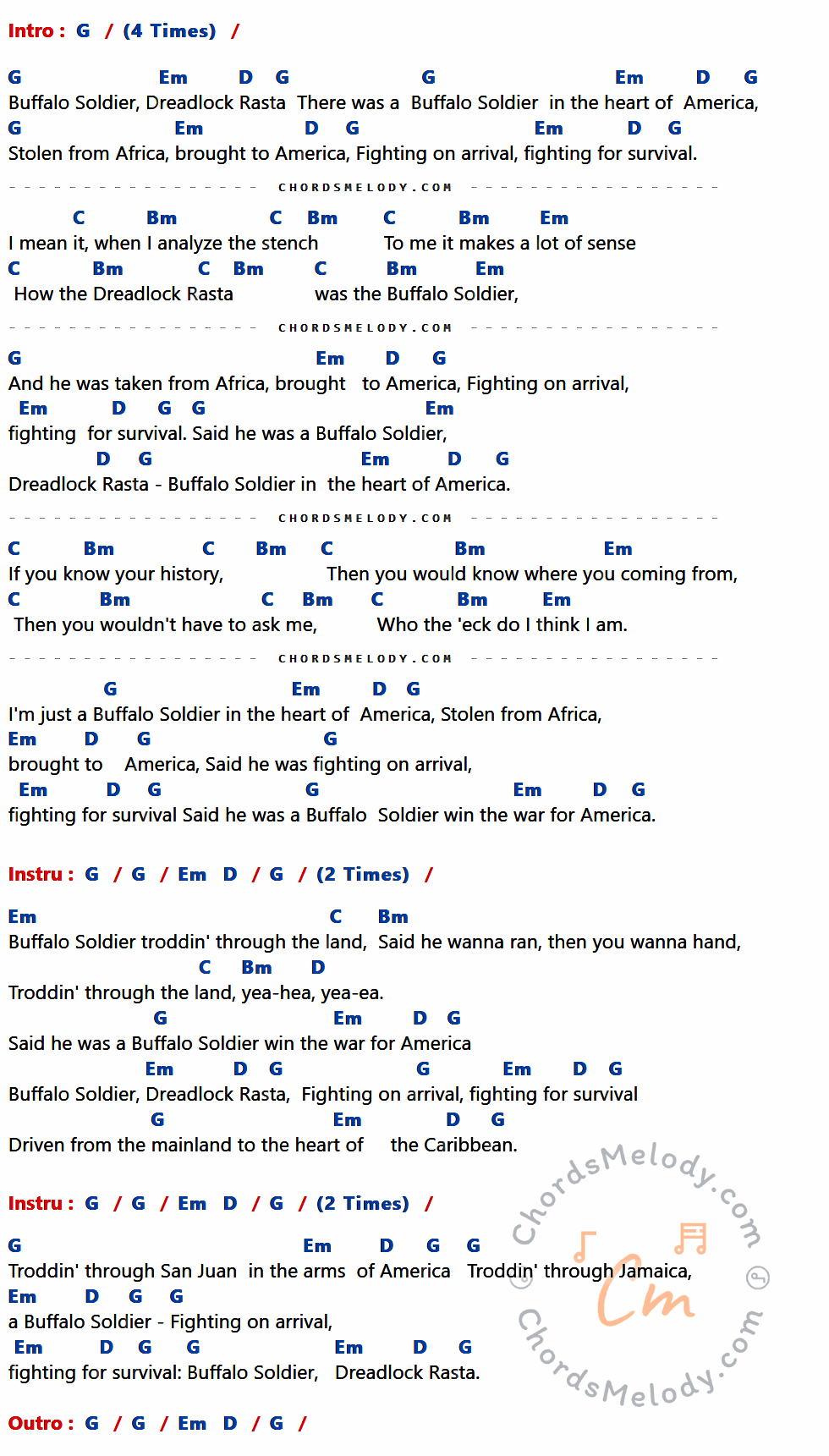 เนื้อเพลง Buffalo Soldier ของ Bob Marley มีคอร์ดกีต้าร์ ในคีย์ที่ต่างกัน C,Am,G,F,Em