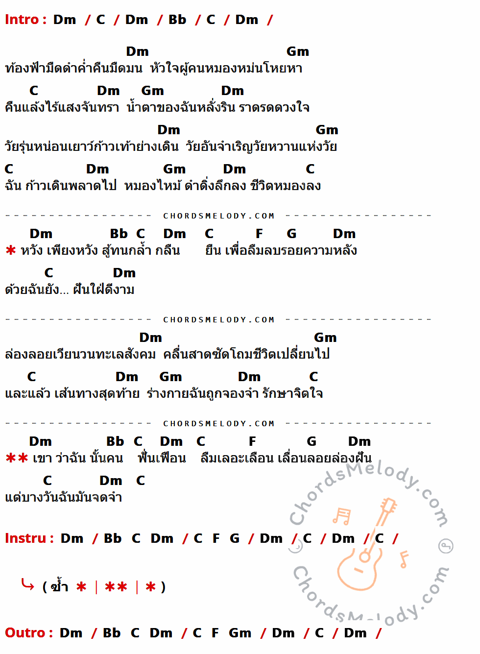 เนื้อเพลง คนฟั่นเฟือง ของ สีเผือก คนด่านเกวียน มีคอร์ดกีต้าร์ ในคีย์ที่ต่างกัน Am,G,F,Dm,C,D