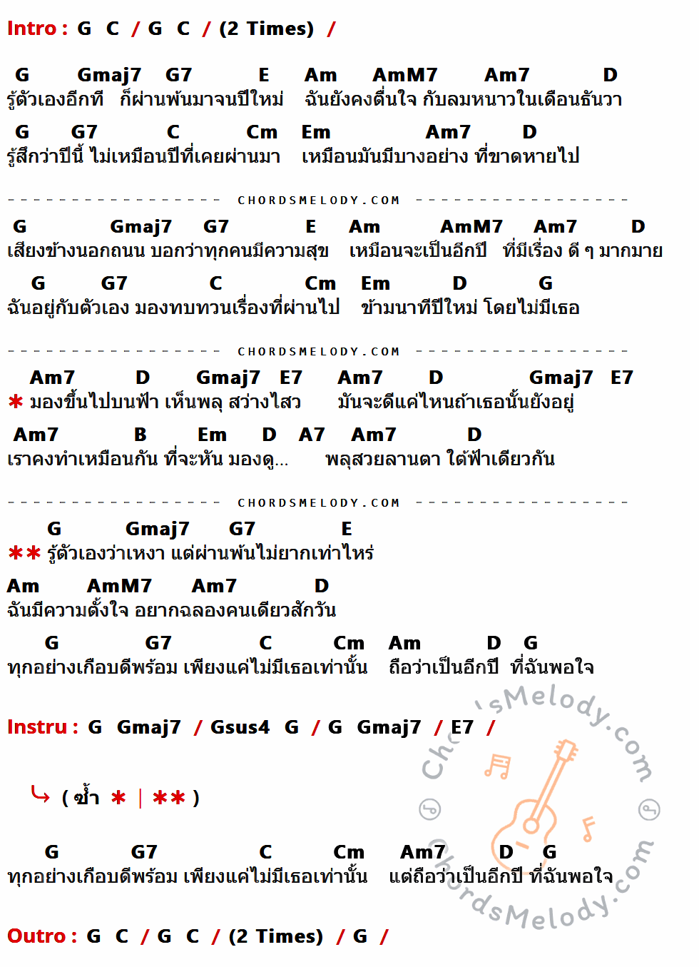 คอร์ดเพลง ถือว่าเป็นอีกปีที่ฉันพอใจ - แอม เสาวลักษณ์ เนื้อร้อง มีคอร์ดกีต้าร์ ในกลุ่มคีย์ G,Gmaj7,G7,E,Am,AmM7,Am7,D,C,Cm,Em,E7,B,A7 กำกับ