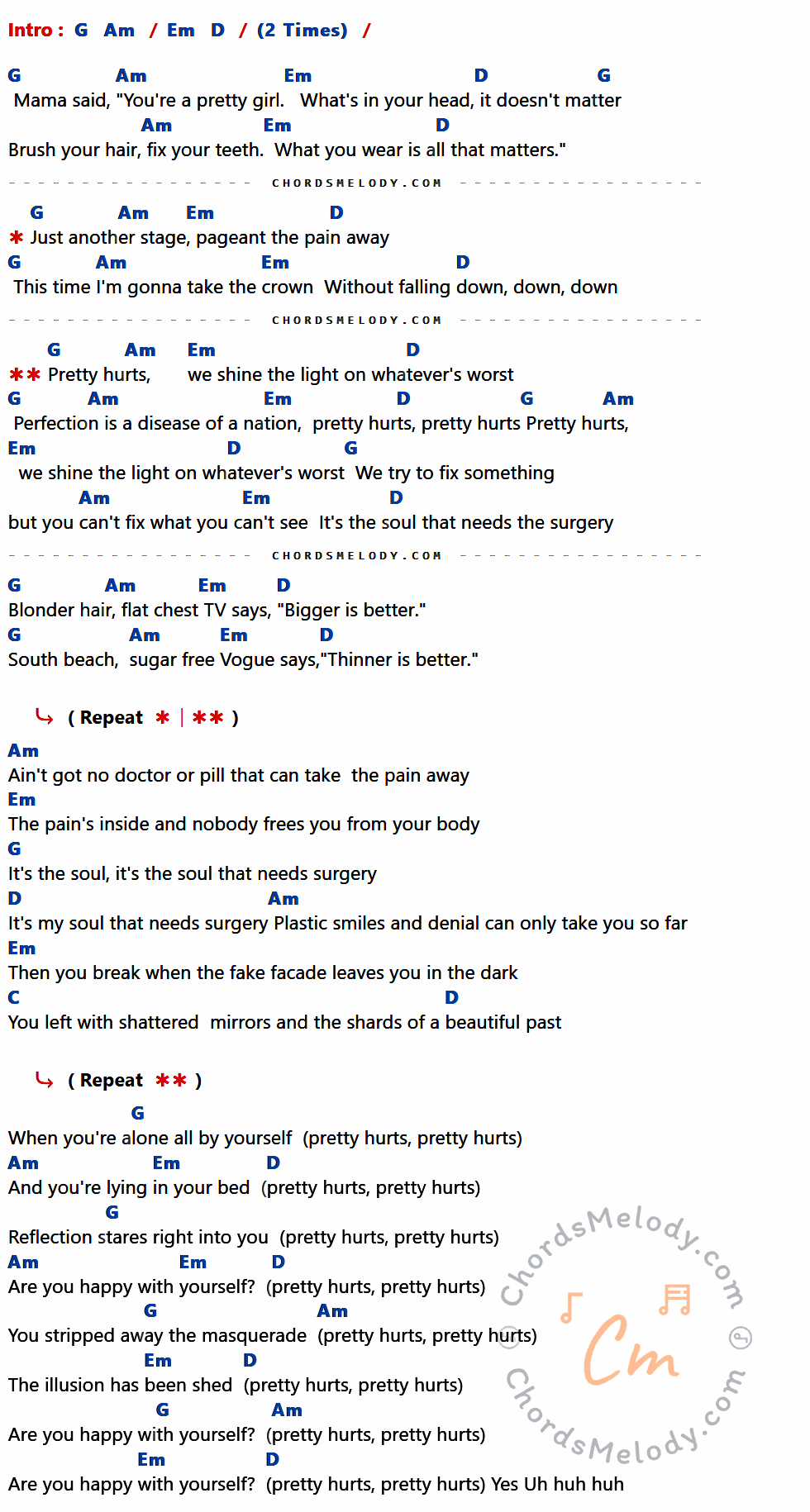 คอร์ดเพลง Pretty Hurts - Beyonce เนื้อร้อง มีคอร์ดกีต้าร์ ในกลุ่มคีย์ G,Am,Em,D,C กำกับ