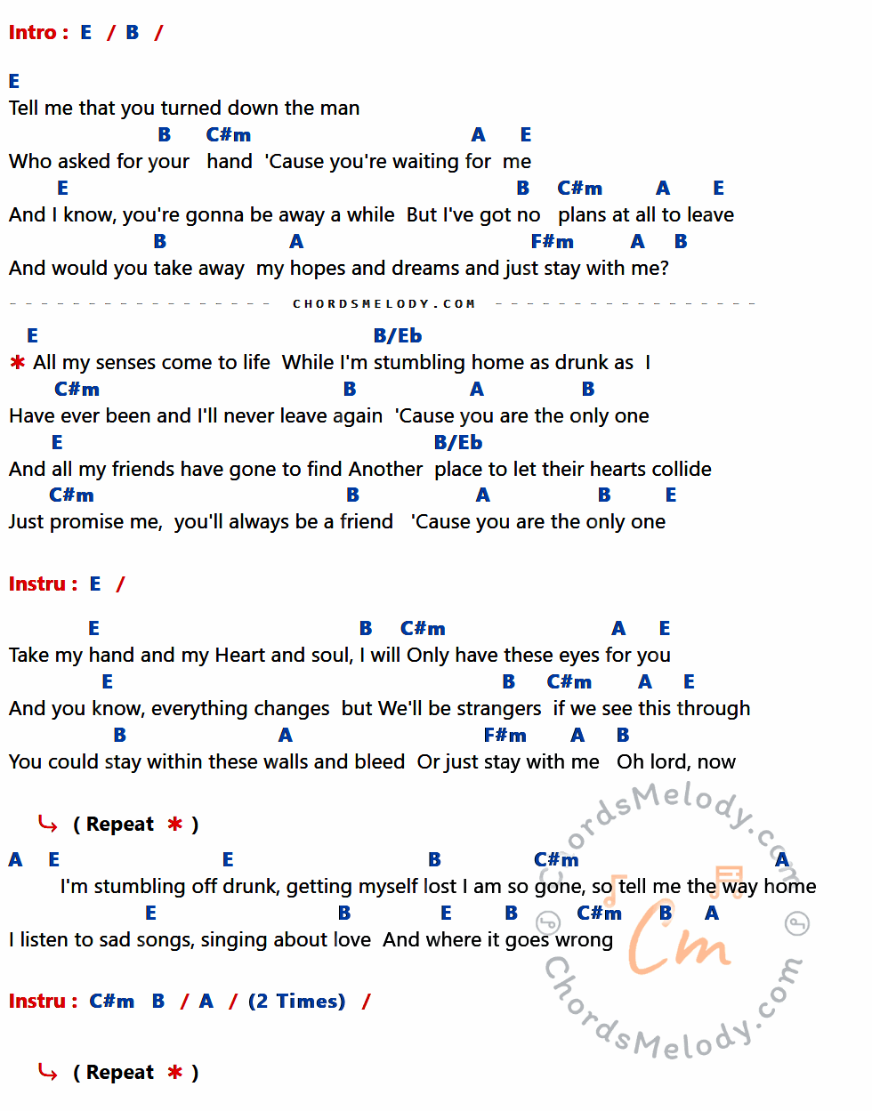 เนื้อเพลง One ของ Ed Sheeran ที่มีคอร์ด ในกลุ่มคีย์ E,B,C#m,A,F#m,B/Eb ประกอบ