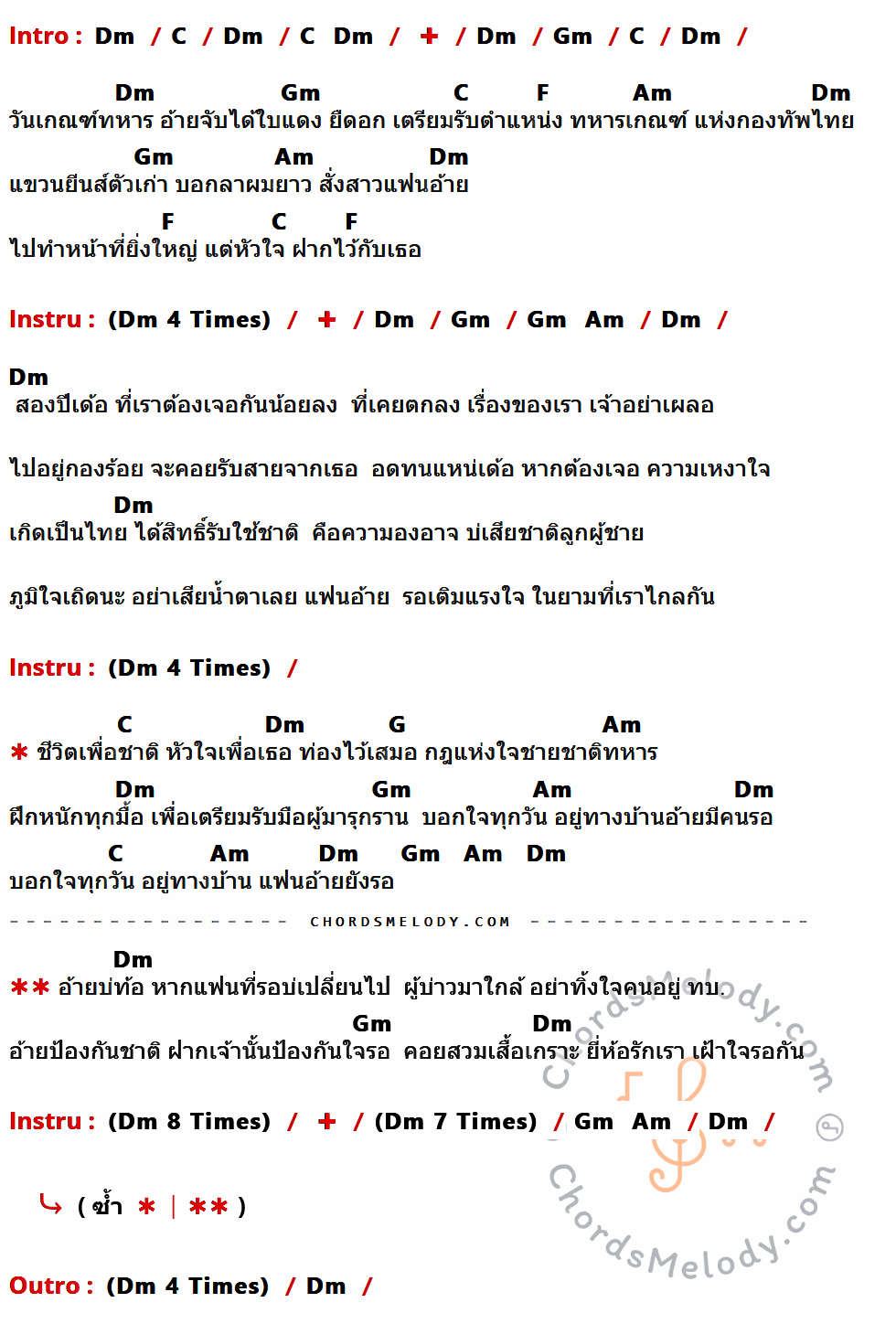 เนื้อเพลง ชีวิตเพื่อชาติ หัวใจเพื่อเธอ ของ มนต์แคน แก่นคูน ที่มีคอร์ดกีต้าร์ Dm,C,Gm,F,Am,G