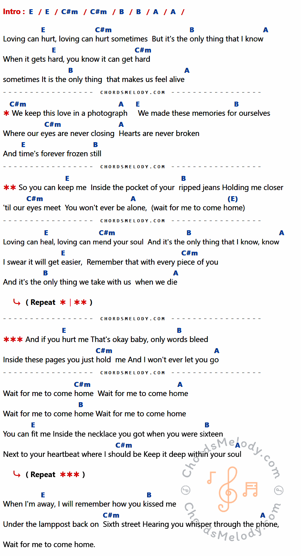 เนื้อเพลง Photograph ของ Ed Sheeran ที่มีคอร์ด ในกลุ่มคีย์ E,C#m,B,A ประกอบ