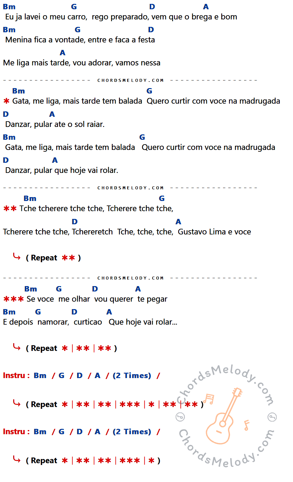 เนื้อเพลง Balada Boa ของ Gusttavo Lima ที่มีคอร์ดกีต้าร์ Bm,G,D,A