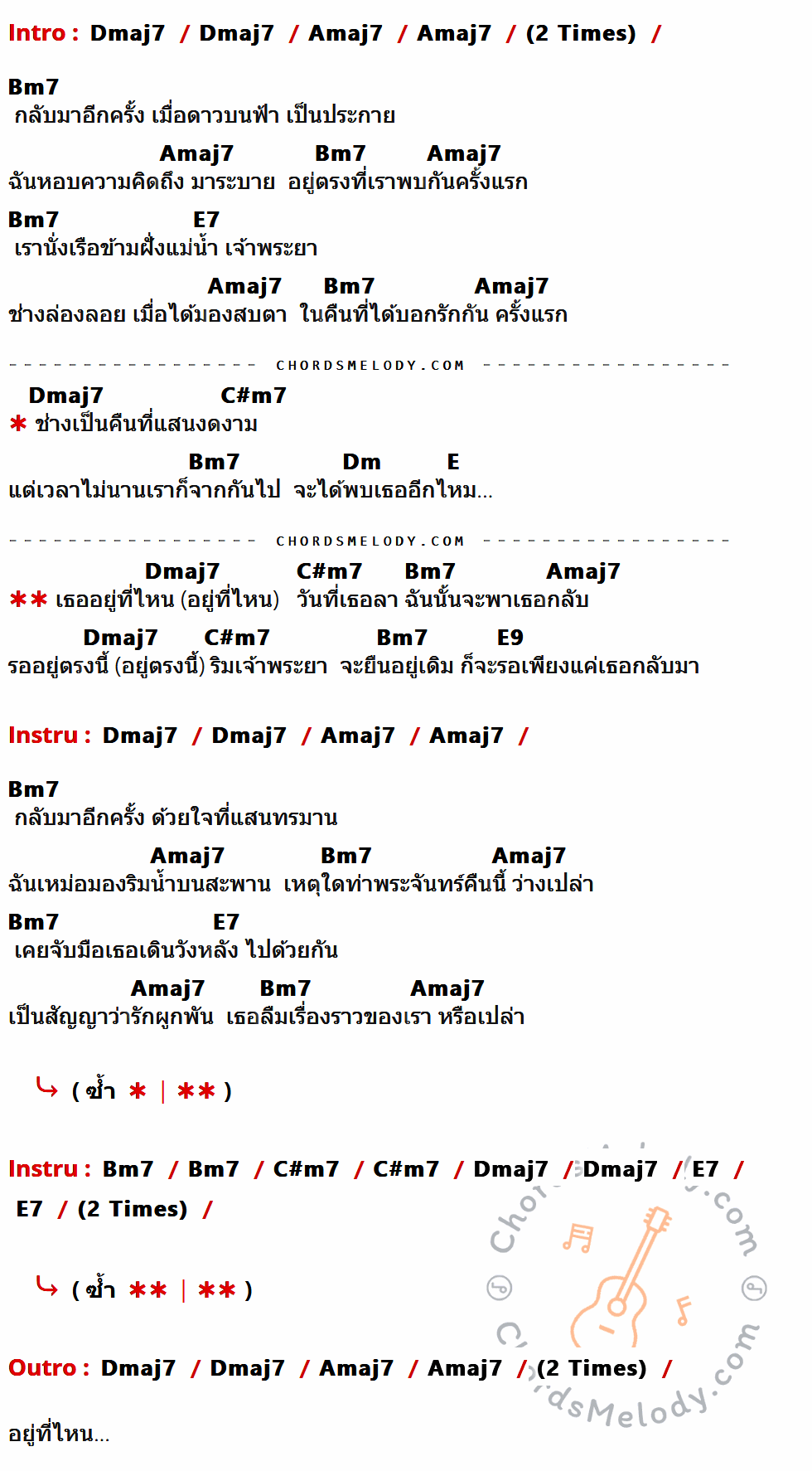 เนื้อเพลง เจ้าพระยา ของ Tattoo Colour ที่มีคอร์ดกีต้าร์ Dmaj7,Amaj7,Bm7,E7,C#m7,Dm,E,E9