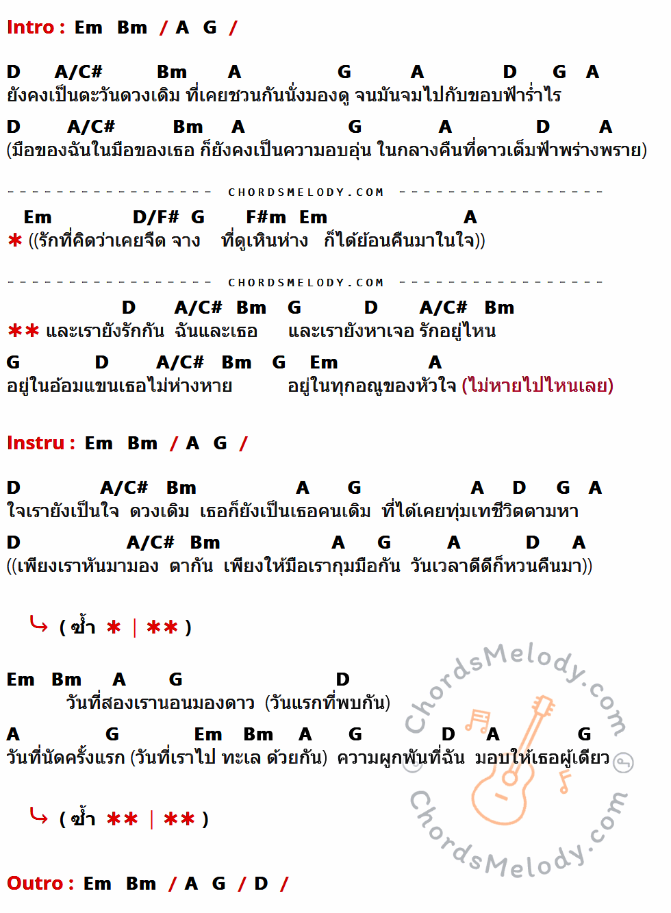 เนื้อเพลง ไม่หายไปไหนเลย ของ พัดชา AF2 Feat. ตุ้ย ธีรภัทร์ ที่มีคอร์ดกีต้าร์ Em,Bm,A,G,D,A/C#,D/F#,F#m