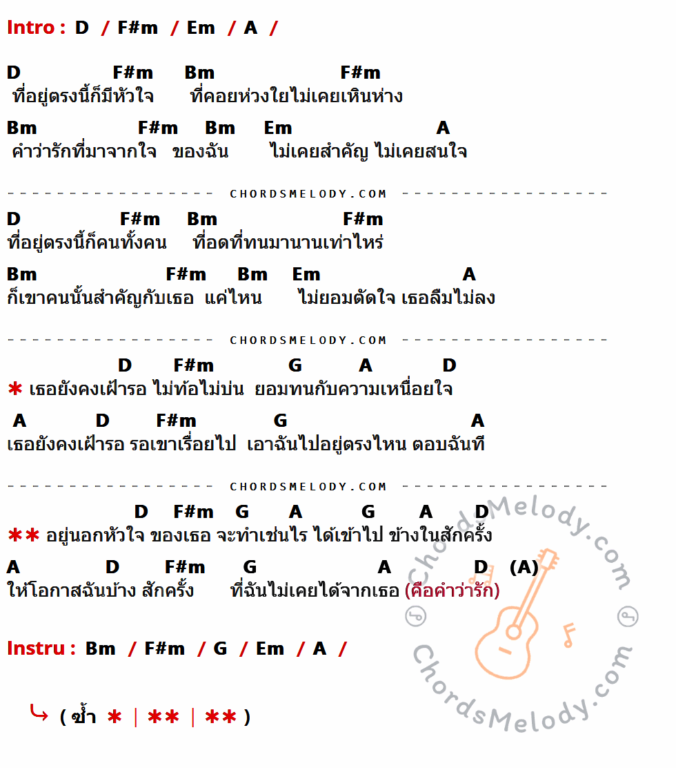 เนื้อเพลง ที่อยู่ตรงนี้ก็มีหัวใจ ของ วงพัทลุง ที่มีคอร์ด ในกลุ่มคีย์ D,F#m,Em,A,Bm,G ประกอบ